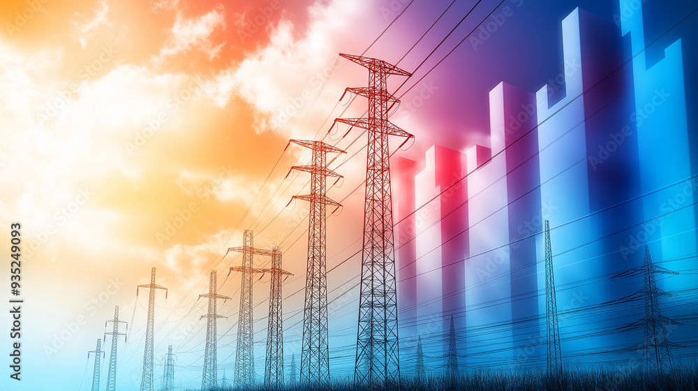 Poster a colorful bar graph depicting a significant rise in power usage, with each bar representing a year,