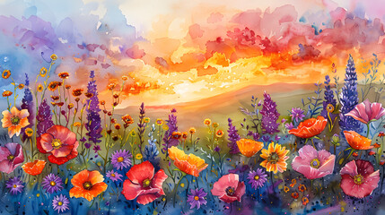 A colorful watercolor of a sunset over a field of wildflowers, with a mix of poppies, daisies, and lupines, and the sky ablaze with shades of orange, pink, and purple.