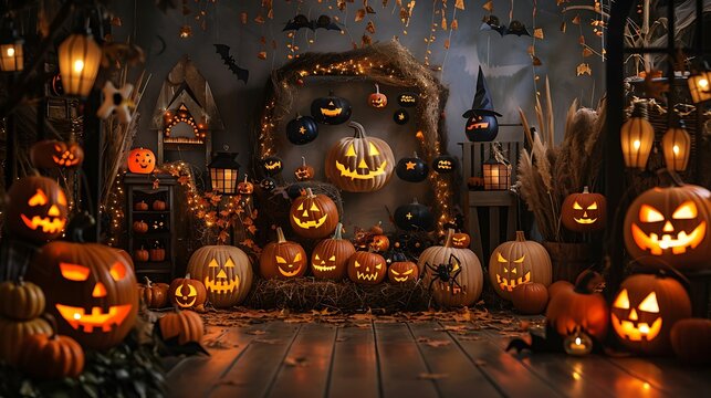 Halloween brand platform scene display with pumpkin backdrop