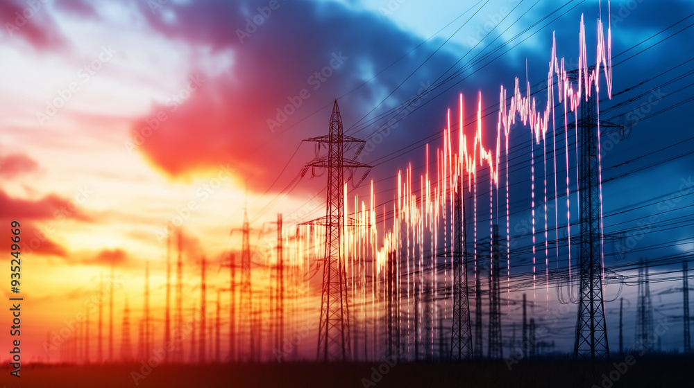 Poster a bar graph with upward-reaching bars, set against a background of power lines, symbolizing the risi