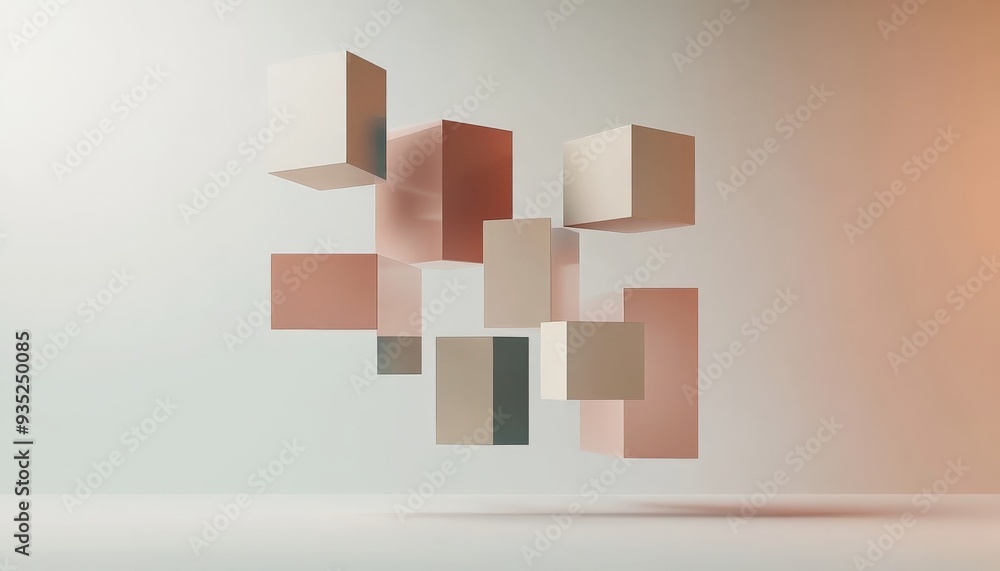 Poster abstract 3d composition of floating geometric shapes.