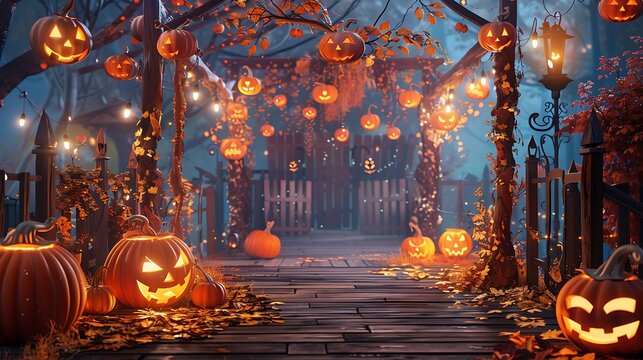 Halloween brand platform scene display with pumpkin backdrop