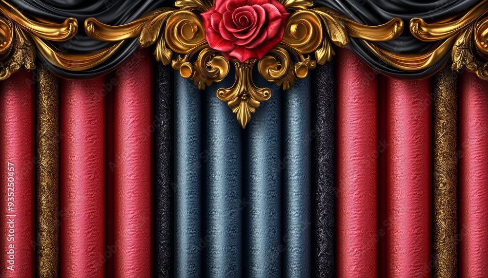 Wall mural Red and Blue Fabric Draped with Gold Ornament and Rose