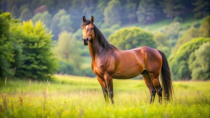 Beautiful brown horse standing elegantly in a lush meadow , horse, meadow, grass, nature, animal, mane, tail, outdoors