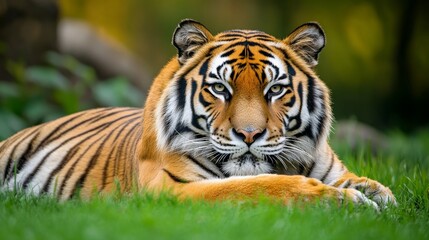 Obraz premium A majestic tiger resting on lush green grass, showcasing its striking orange and black stripes.