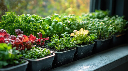 Hydroponic garden on a windowsill, showcasing a neat arrangement of plants thriving in a small space.