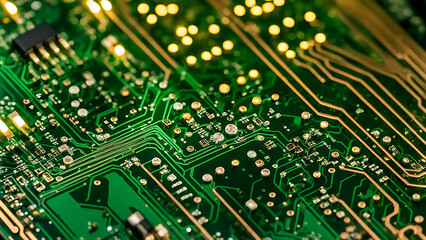 Obraz premium Close-up of a copper circuit trace on a PCB with tiny components like resistors and capacitors, illuminated by soft ambient lighting.