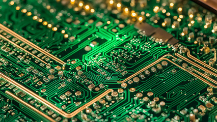 Close-up of a copper circuit trace on a PCB with tiny components like resistors and capacitors, illuminated by soft ambient lighting.