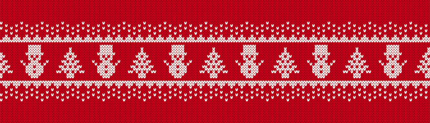 Fair isle ornament with christmas trees and snowmen. Festive Xmas ugly elements. Christmas knit seamless pattern. Sweater xmas border. Knitted print. Vector illustration