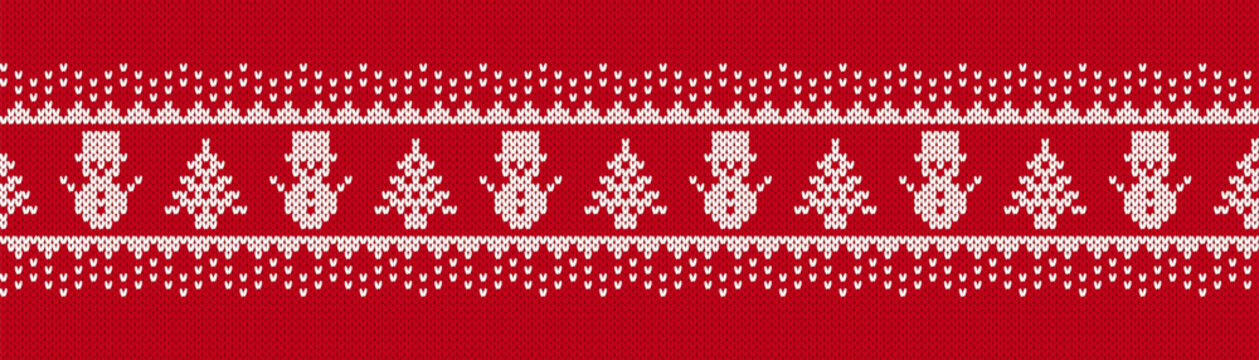 Fair isle ornament with christmas trees and snowmen. Festive Xmas ugly elements. Christmas knit seamless pattern. Sweater xmas border. Knitted print. Vector illustration