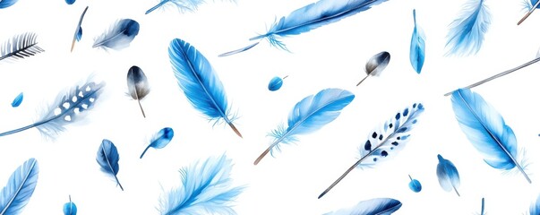 A seamless watercolor illustration of blue boho arrows and feathers with a tribal pattern, set against a white background. 