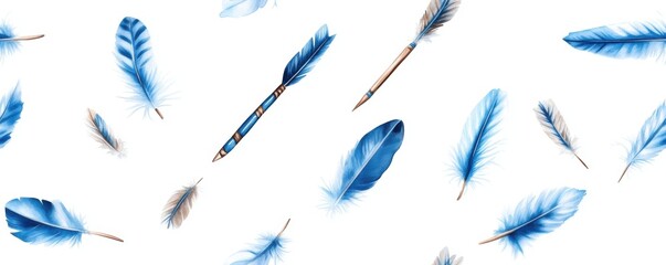 A seamless watercolor illustration of blue boho arrows and feathers with a tribal pattern, set against a white background. 