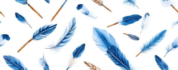 A seamless watercolor illustration of blue boho arrows and feathers with a tribal pattern, set against a white background. 