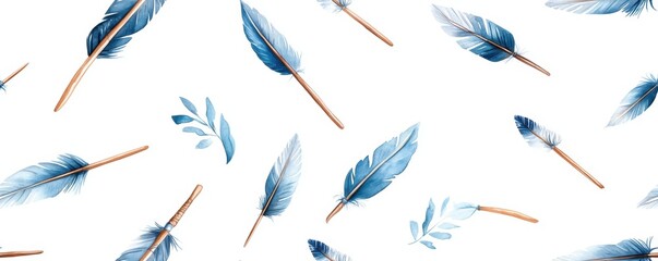Fototapeta premium A seamless watercolor illustration of blue boho arrows and feathers with a tribal pattern, set against a white background. 
