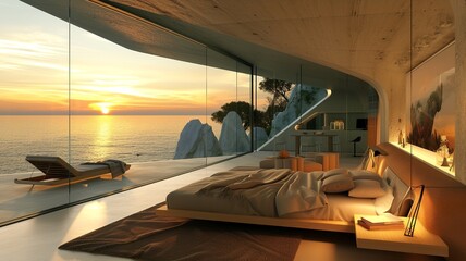 A wonderful bedroom with an amazing view. Luxury and peace in one. Generated by AI