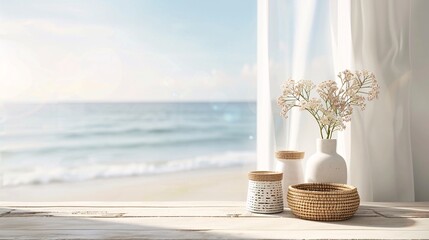 2. Minimalistic bright white stand with a softly blurred, sunlit beach backdrop, creating a perfect scene for showcasing vacation items and summer essentials