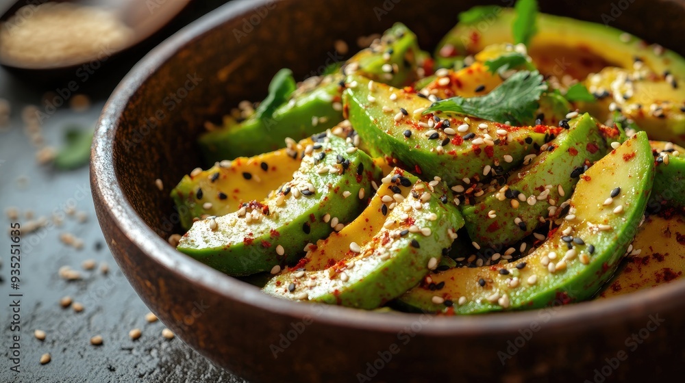 Wall mural A beautifully arranged avocado salad garnished with chili flakes and sesame seeds, served in a rustic bowl, perfect for healthy eating and food photography