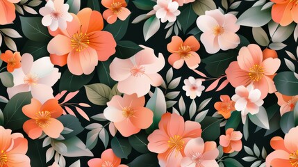 Elegant floral pattern with stylized orange and pink blooms, lush green leaves, ideal for fabric design, wallpapers, and versatile creative backgrounds.