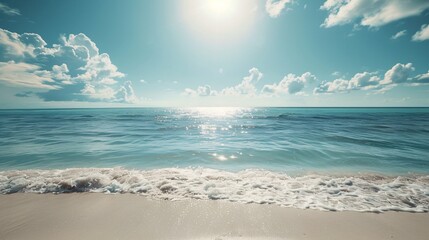 5. Tranquil summer backdrop of a pristine beach, azure waters, and a sunlit horizon, with soft white clouds drifting lazily across the sky