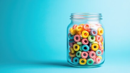 A clear jar filled with colorful sweet cereal rings, set against a vivid blue background, creating a bright and cheerful breakfast scene.