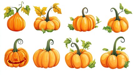 A collection of vibrant pumpkin cartoon icons in various shapes and sizes, complete with leafy stems. Ideal for seasonal,