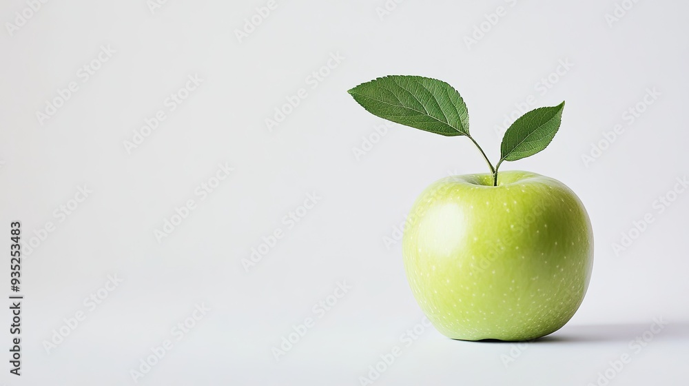 Wall mural A fresh green apple with a single leaf, centered on a white background, offering a minimalist and vibrant image perfect for healthy living themes