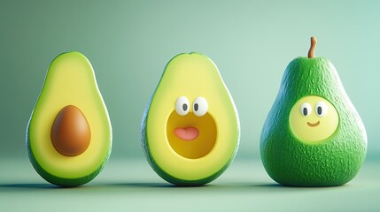 A fun collection of 3D cartoon avocados, including a pitless half and a whole avocado, designed in a playful and light-hearted style for food and health themes.