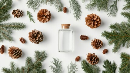 A glass dispenser surrounded by evergreen fir branches and pine cones, viewed from above, set against a white backdrop. Ideal for eco-friendly or winter-themed presentations.