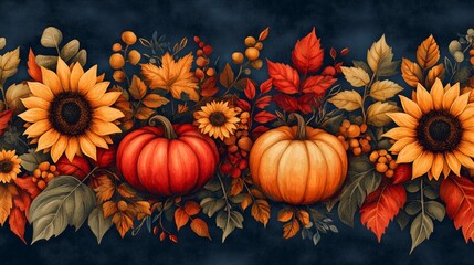 Lovely hand drawn Thanksgiving seamless pattern with pumpkins and sunflowers, great 