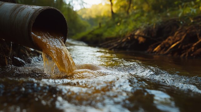 Rusty industrial pipe releasing polluted water into a natural river, symbolizing the global challenge of water pollution and its impact on the environment.