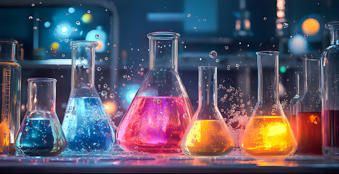 Colorful liquids are bubbling in glass beakers during a chemistry experiment.