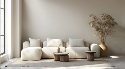 blank wall Japandi style interior mockup living room