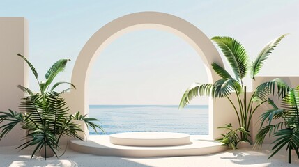 Fototapeta premium 4. Minimalist 3D illustration of a product podium, with a beige arch adorned with flourishing plants, and a calming sea backdrop, radiating summer vibes