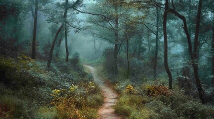 Obraz premium A misty forest path disappears into the dense woods.