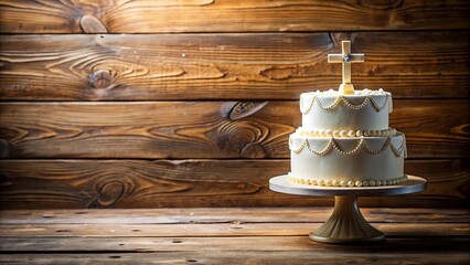 First holy communion cake displayed on a rustic wooden background, holy communion, cake, wooden background