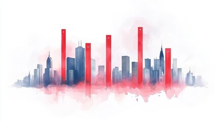 Fototapeta premium Watercolor illustration of people standing on ascending red blocks, symbolizing growth and success.