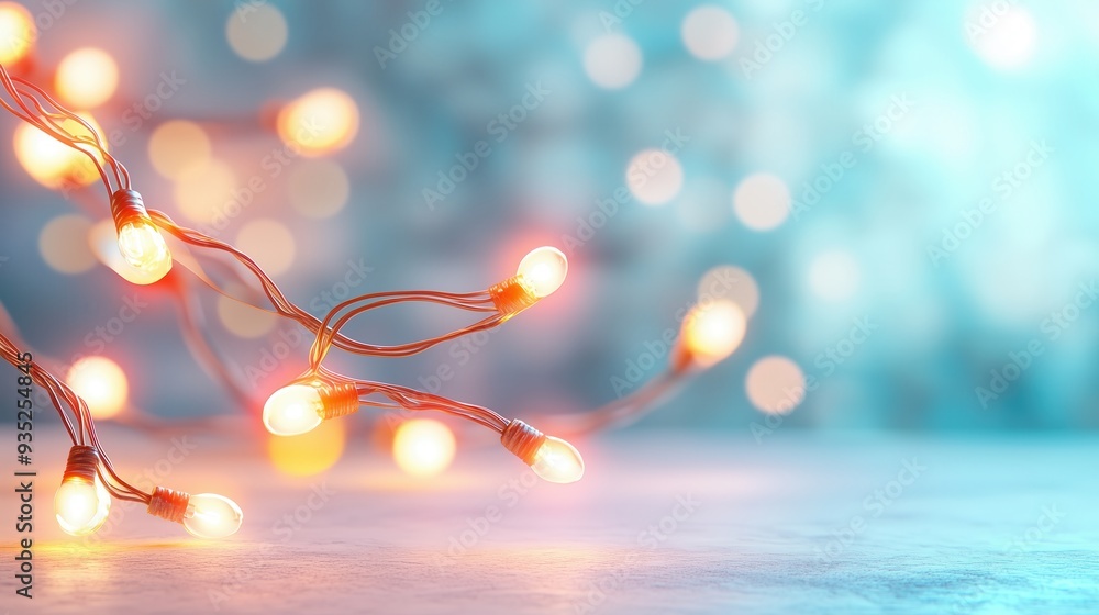 Poster a close-up of colorful string lights creating a warm and festive atmosphere against a soft, blurred 