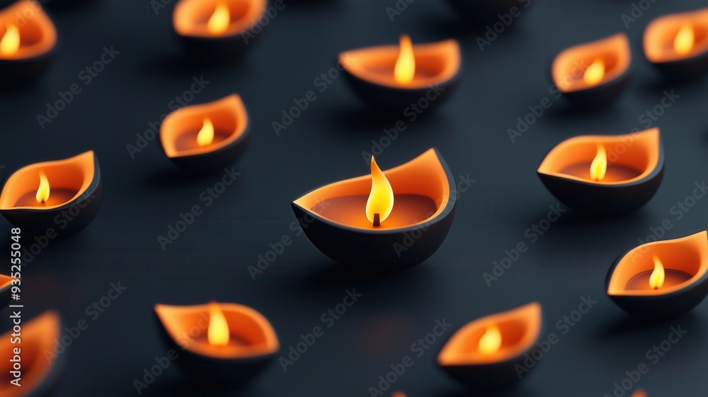 Poster a mesmerizing display of glowing candles in clay bowls, creating a serene and tranquil ambiance with