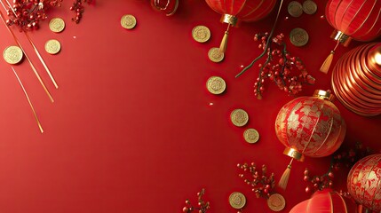 Fototapeta premium Red and gold Chinese New Year decorations with space for copy, featuring lanterns, coins, and firecrackers.