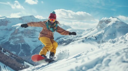 A young girl is having fun sliding down a snowy slope, wearing bright sportswear. The sun shines over the picturesque mountain landscape, creating a joyful winter scene