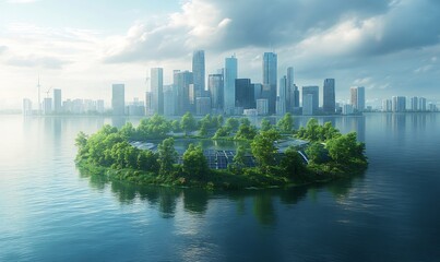 Obraz premium Cities floating above rising sea levels powered solar panels and wind turbines showing how we can adapt to the challenges of Climate Change