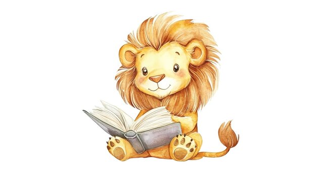 Adorable, clever watercolor Lion reading a book, character illustration isolated on a white background