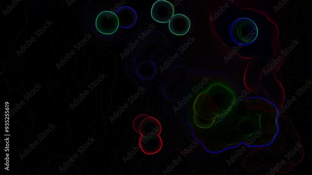 Poster colored fluids and circle shaped particles animation on a black background