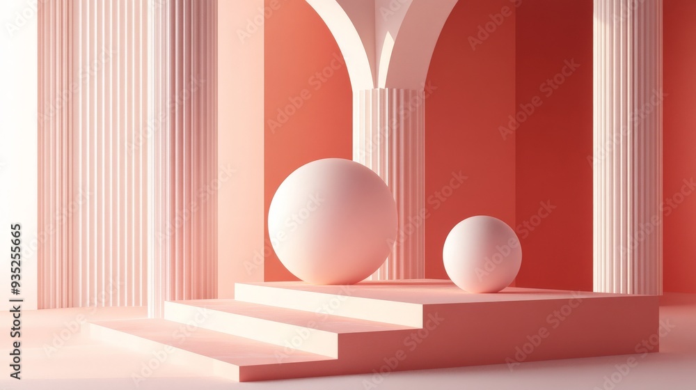 Poster Minimalist Architectural Design with Spheres and Columns.
