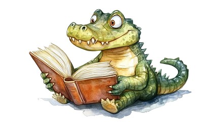 Fototapeta premium Adorable, clever watercolor crocodile reading a book, character illustration isolated on a white background