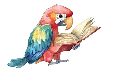 Fototapeta premium Adorable, clever watercolor Parrot reading a book, character illustration isolated on a white background