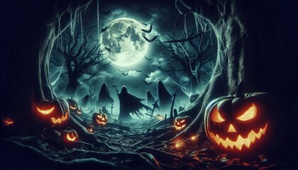 Cinematic horror scene of a Halloween night, featuring a terrifying jack o' lantern pumpkin with a sinister grin, set in a creepy dark forest. gothic night ambiance under the moonlight
