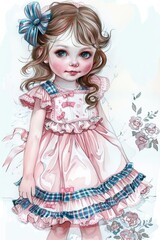 Fototapeta premium A lovely little girl in a retro pink dress, surrounded by blooming flowers on a white canvas, evoking the beauty of spring.