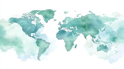 Watercolor world map in shades of blue and green on white background