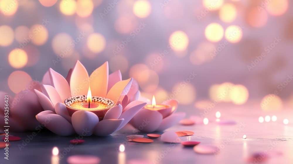 Poster beautiful lotus flower with candles, creating a serene ambiance with soft bokeh lights in the backgr